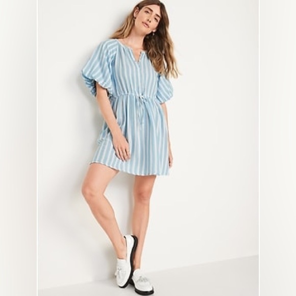 Old Navy Blue & White Striped Waist-Defined Puff Sleeve Mini Dress (Size M) - Picture 3 of 5